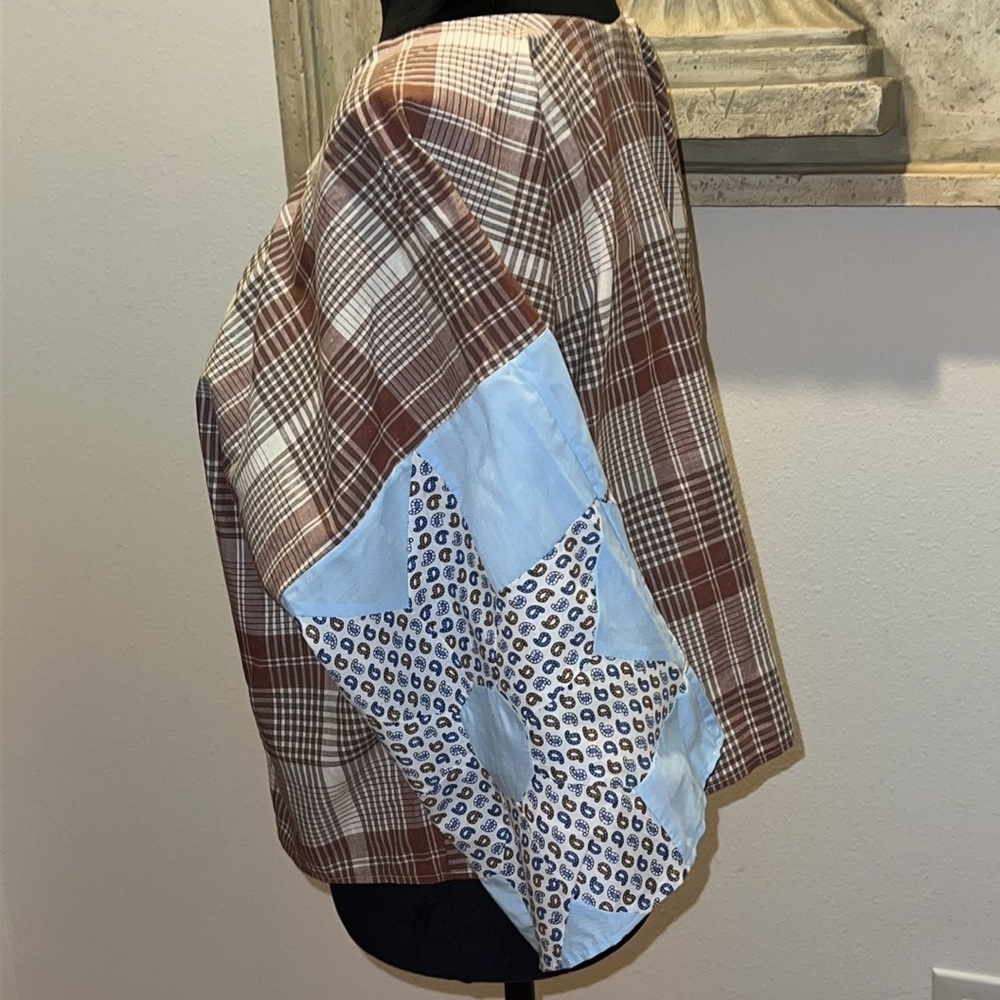 Material plaid cropped plaid quilted look sleeves top blouse Sz L